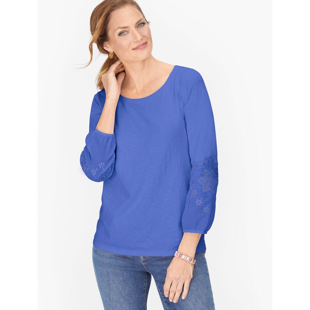 NWT, Talbots Women Blue Cotton Eyelet Embroidered 3/4 Sleeve Scoop Neck Top